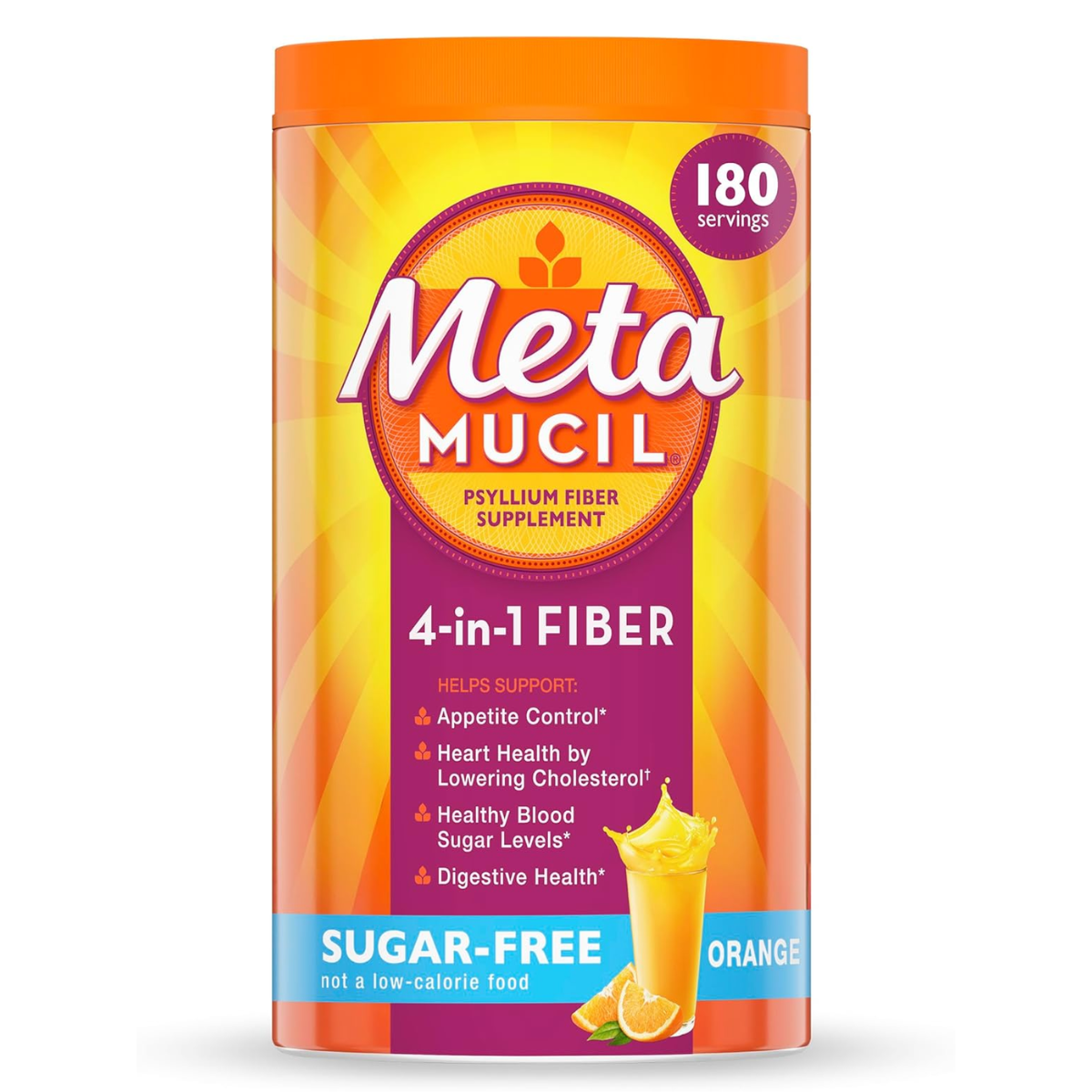 Metamucil Fibra 4-en-1 Sin Azúcar sabor Naranja 180 Porciones Cáscara de Psyllium para Salud Digestiva y Corazón