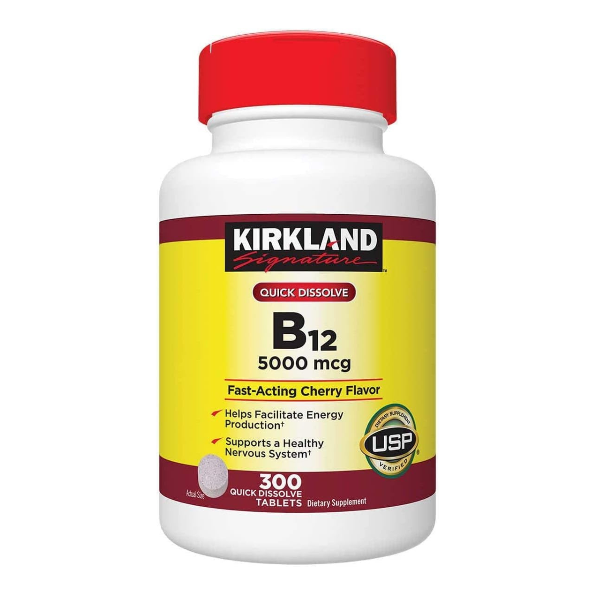 Kirkland Vitamina B12 5000 mcg de Disolución Rápida 300 Tabletas Energía y Apoyo al Sistema Nervioso Sabor Cereza