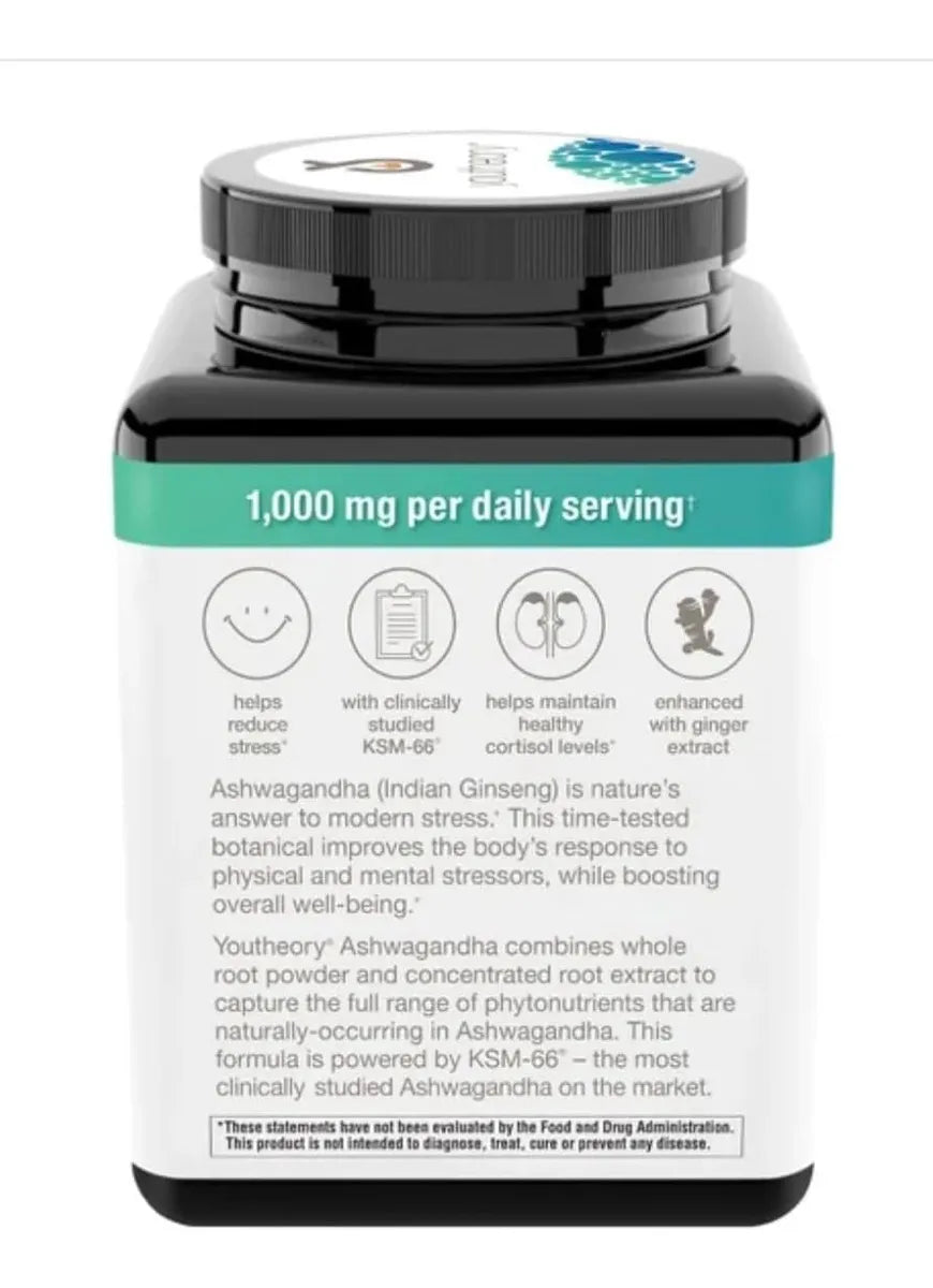 Youtheory Ashwagandha 1000mg con KSM-66 – Apoyo Natural para el Estrés y la Calma Mental 180 Cápsulas