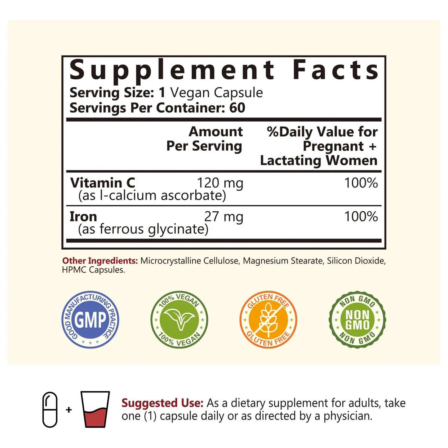 Suplemento De Hierro Suave 27 Mg Bisglicinato Con Vitamina C Absorcion Optima