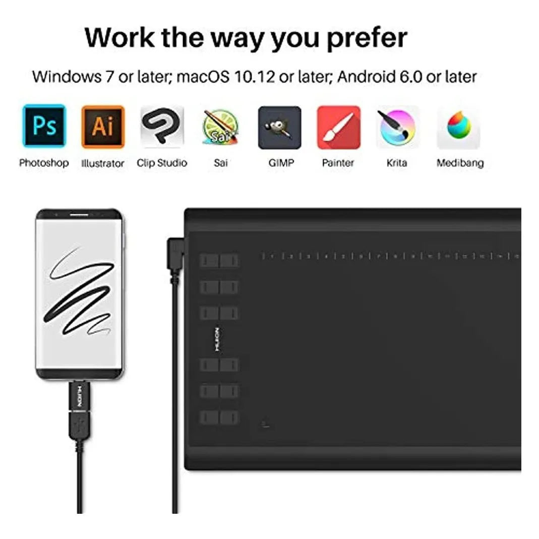 Tableta Grafica Huion Inspiroy H1060P Lapiz Sin Bateria 8192 Niveles Presion