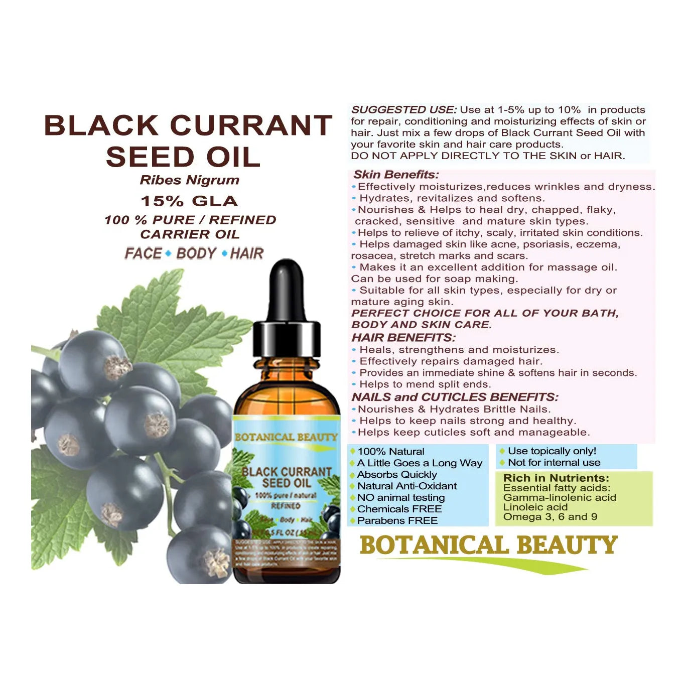 Aceite De Semilla De Grosella Negra 100 Puro Natural 15ml Piel Cabello Uñas