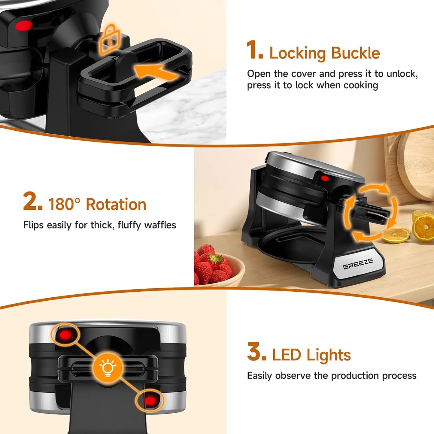 Waflera Belga Doble 180Flip 1400W 8 Rebanadas Acero Inoxidable Antiadherente