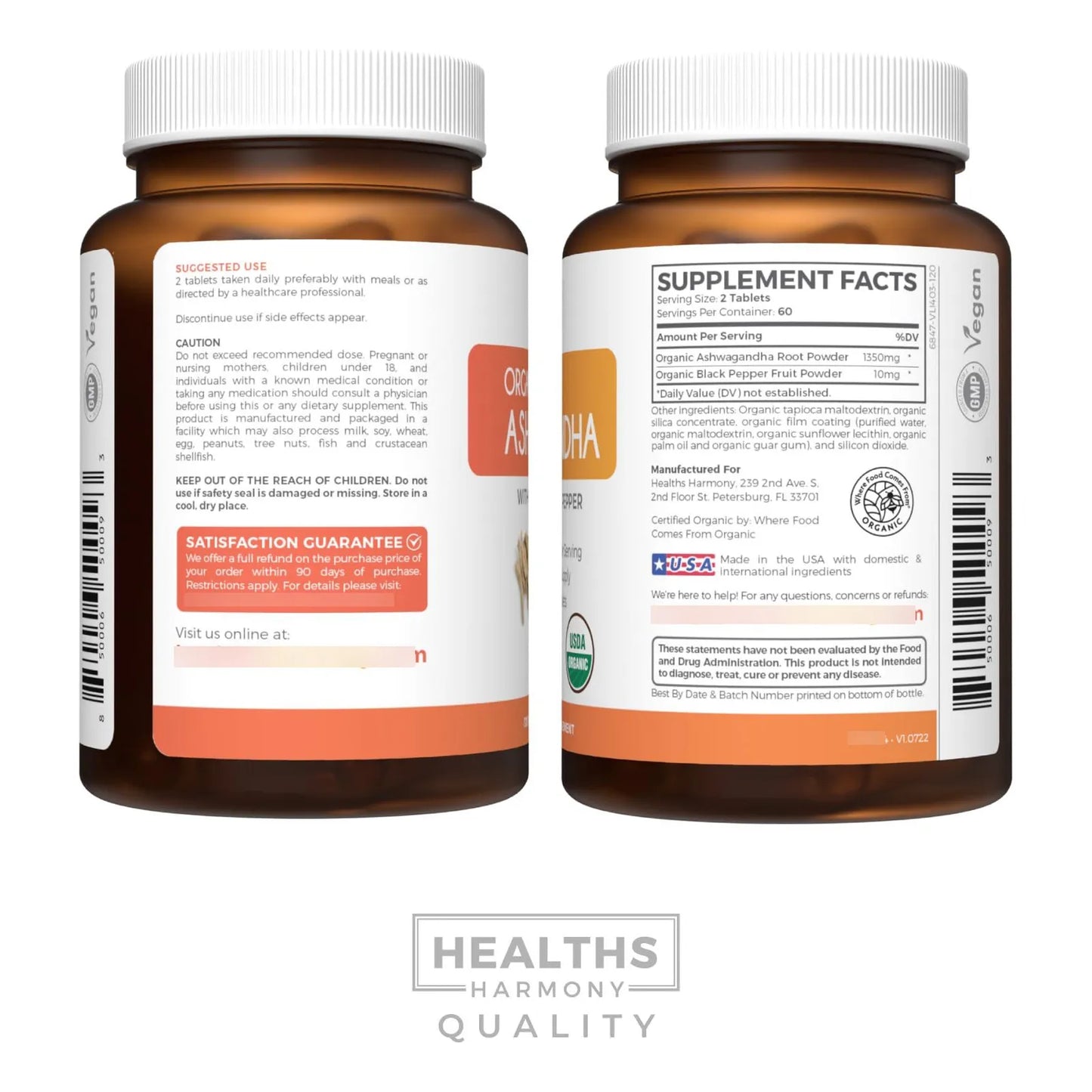 Ashwagandha Orgánica 1350 Mg Con Pimienta Negra 120 Tabletas Soporte Suprarrenal y Tiroides