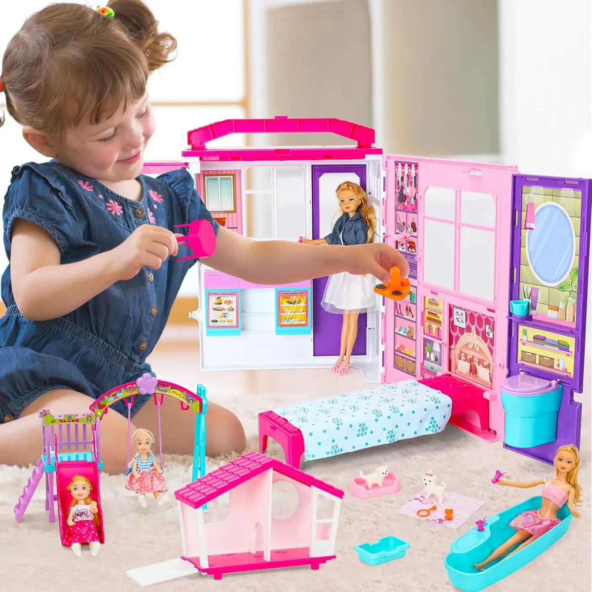 Casa De Muñecas Portátil Plegable 60 Cm Incluye 2 Muñecas Diversión Sin Límites