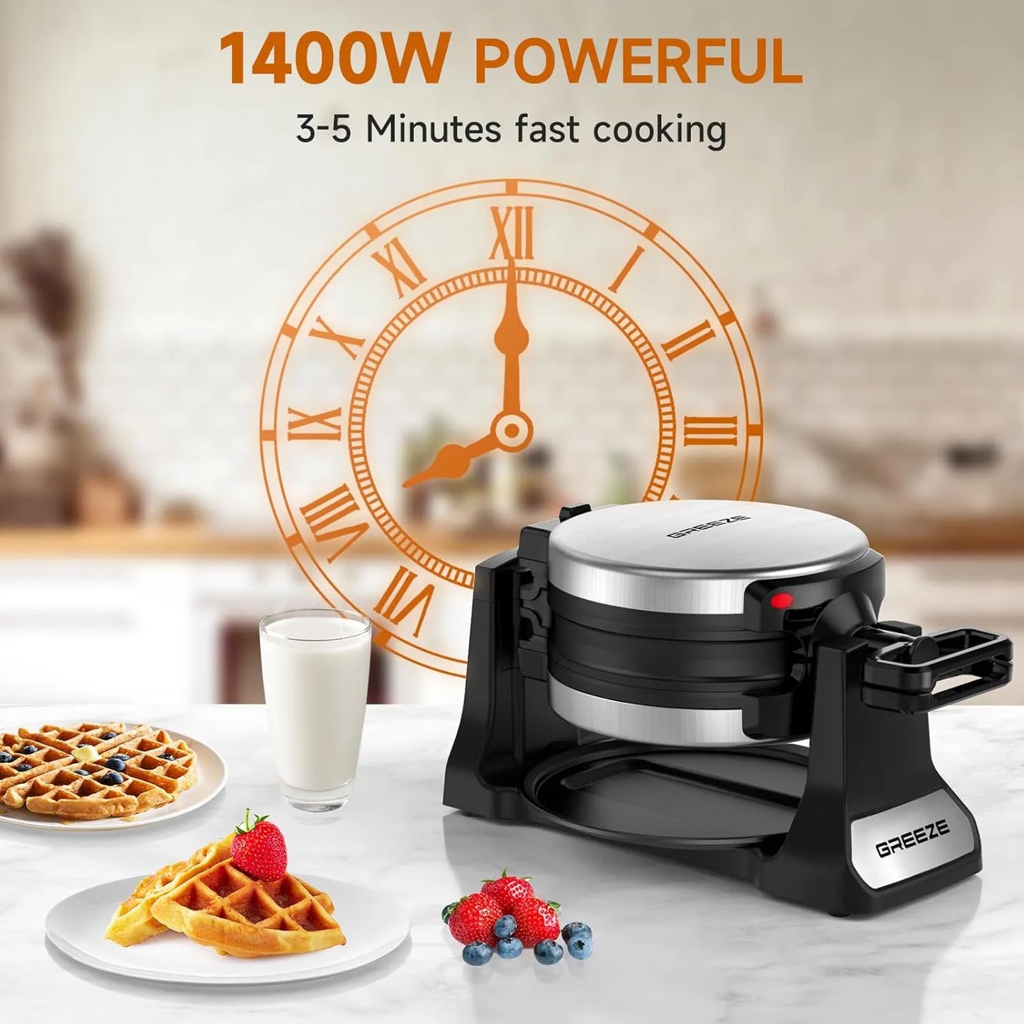 Waflera Belga Doble 180Flip 1400W 8 Rebanadas Acero Inoxidable Antiadherente