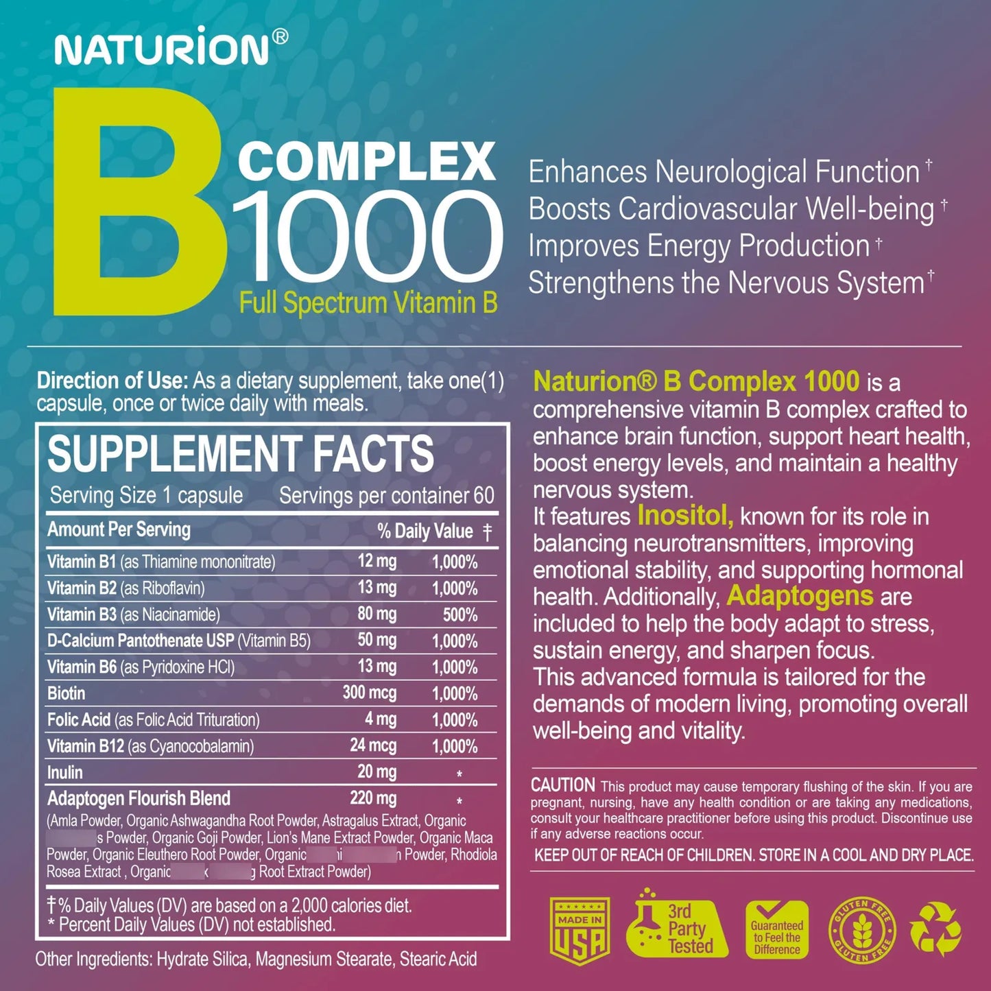 Complejo De Vitaminas B 1000 Con Adaptogenos Energia Corazon E Inmune 60 Capsulas