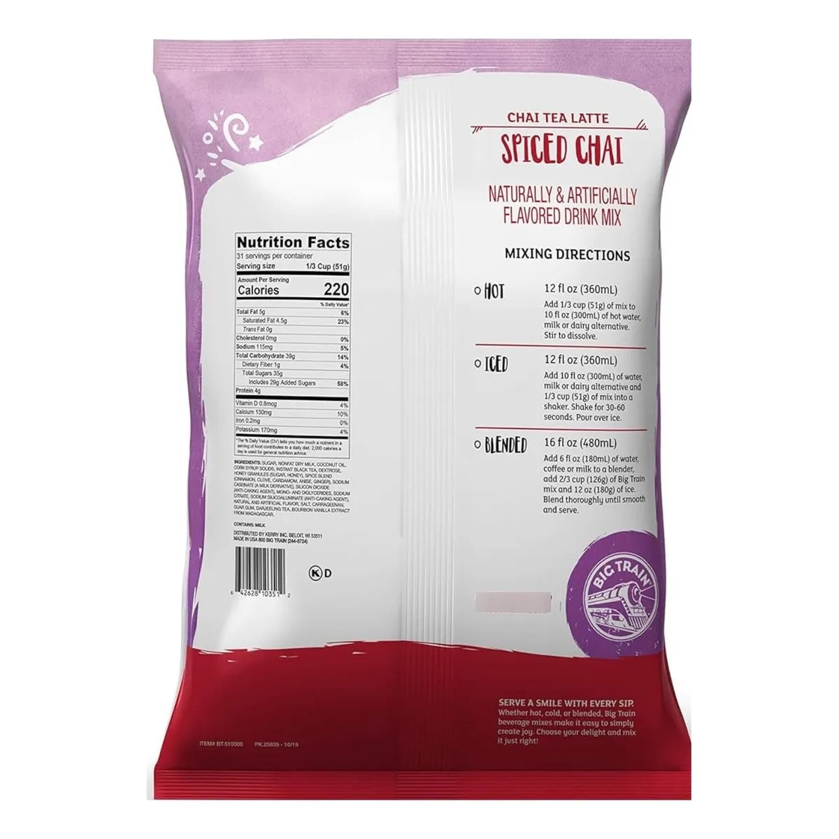 Big Train Spiced Instant Chai Tea Latte Mix 3.5 Lb Mezcla Cremosa De Miel Y Especias