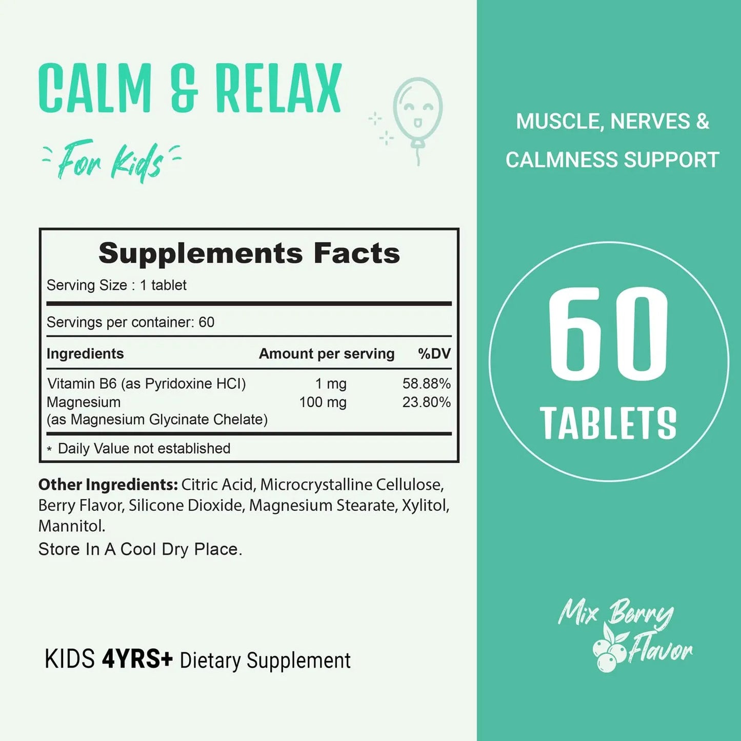 Suplemento Calmante Para Niños Con Glicinato De Magnesio Y Vitamina B6 Sabor A Bayas 60 Tabletas