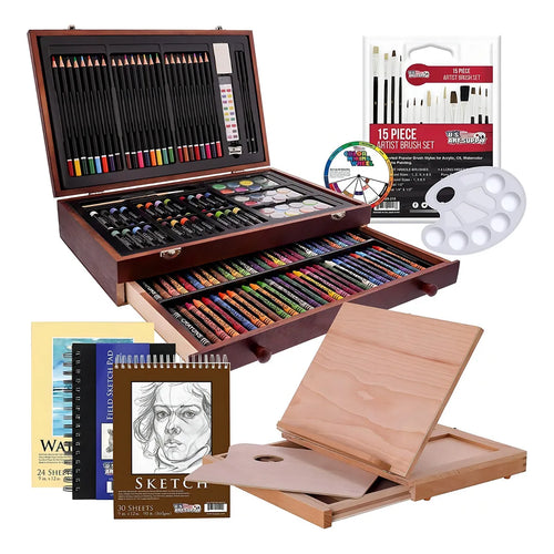 Kit De Arte 163 Piezas Profesional Con Caballete Y Estuche De Madera