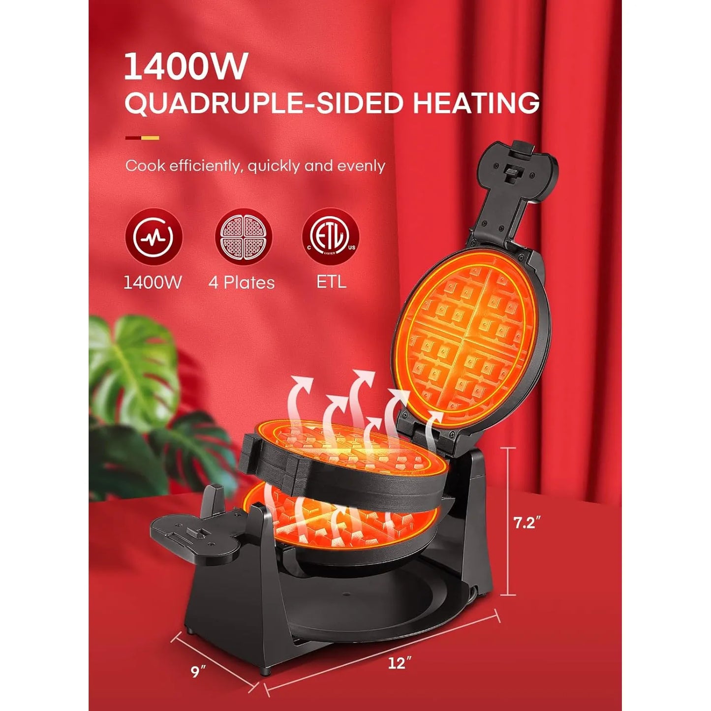 Gofrera Belga 180 Flip 1400W 8 Rebanadas Placas Antiadherentes