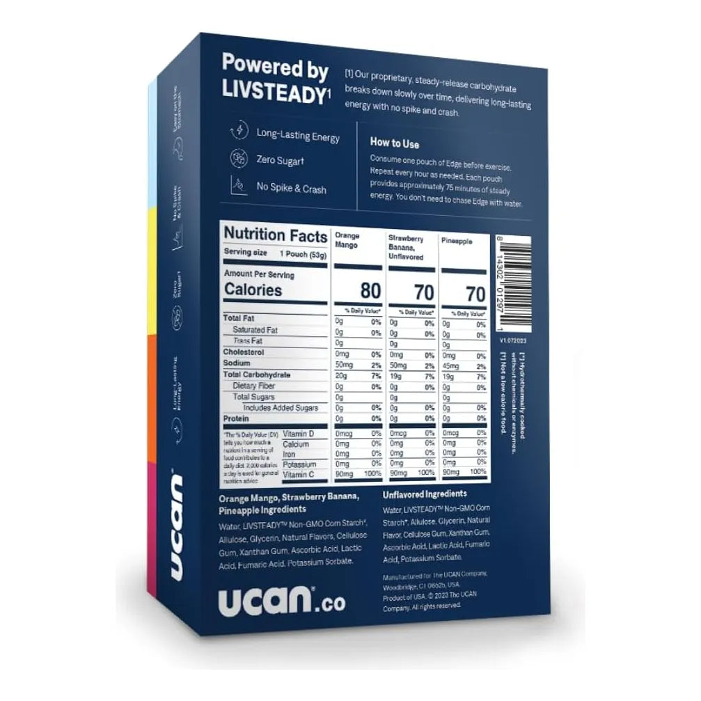UCAN Edge Energy Gel Shots 12 Paquetes 60ml Energía Sin Azúcar Vegano