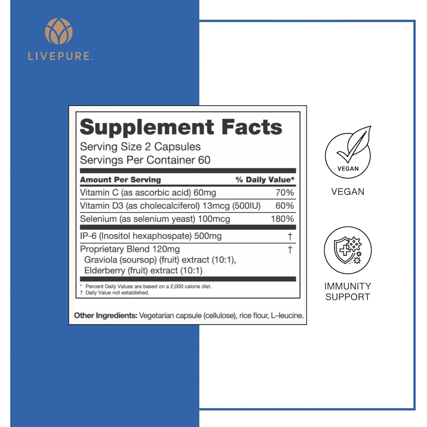 Capsulas Pure Immune6 120 Unidades Suplemento Inmunologico Vitamina C D3 IP6 Selenio