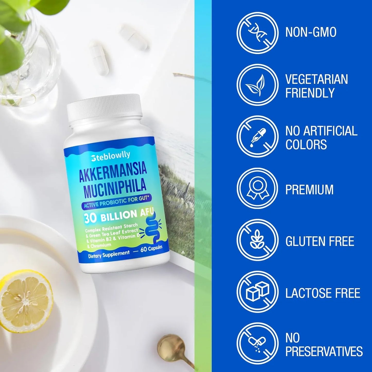 Probióticos Akkermansia GLP 1 Para Salud Intestinal 60 Cápsulas Con Cromo Y Té Verde