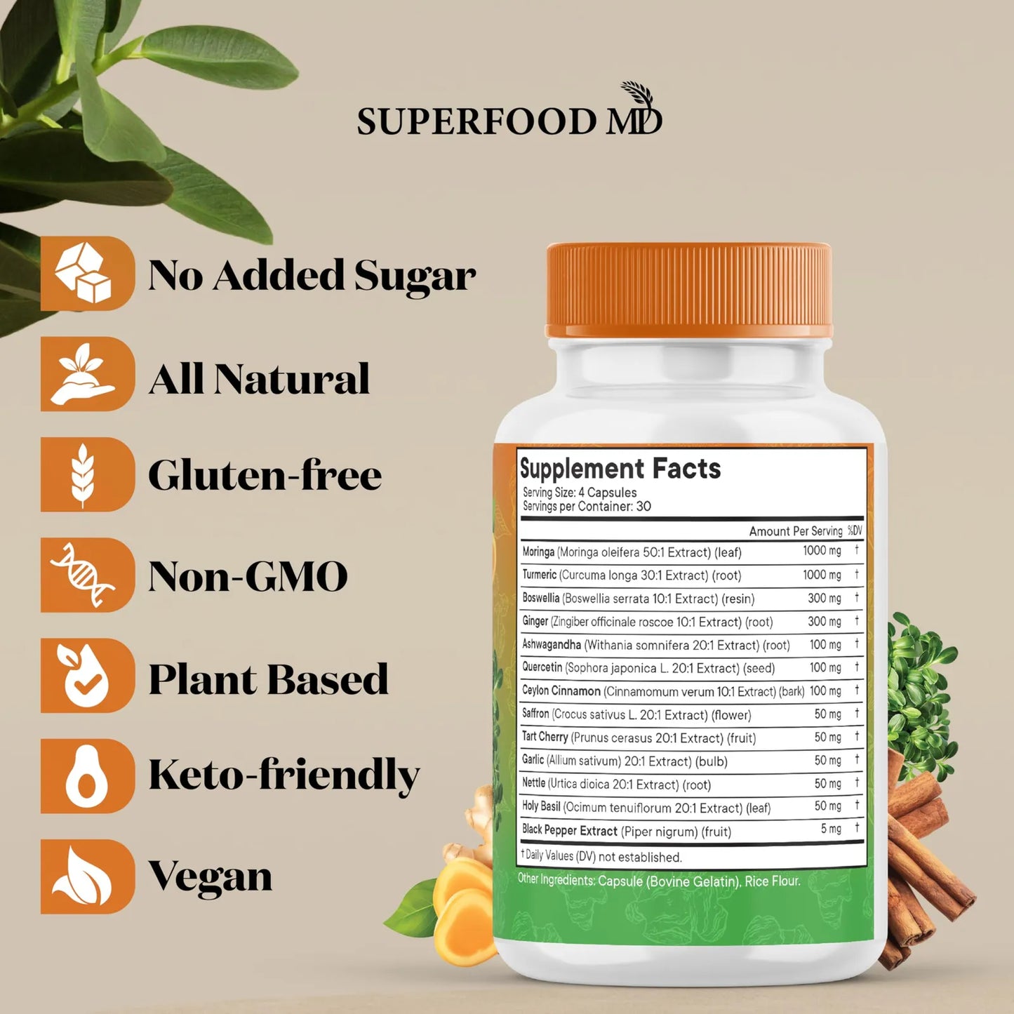 Suplemento De Curcumina Moringa Y Jengibre 30000 Mg Soporte Articular Y Energía
