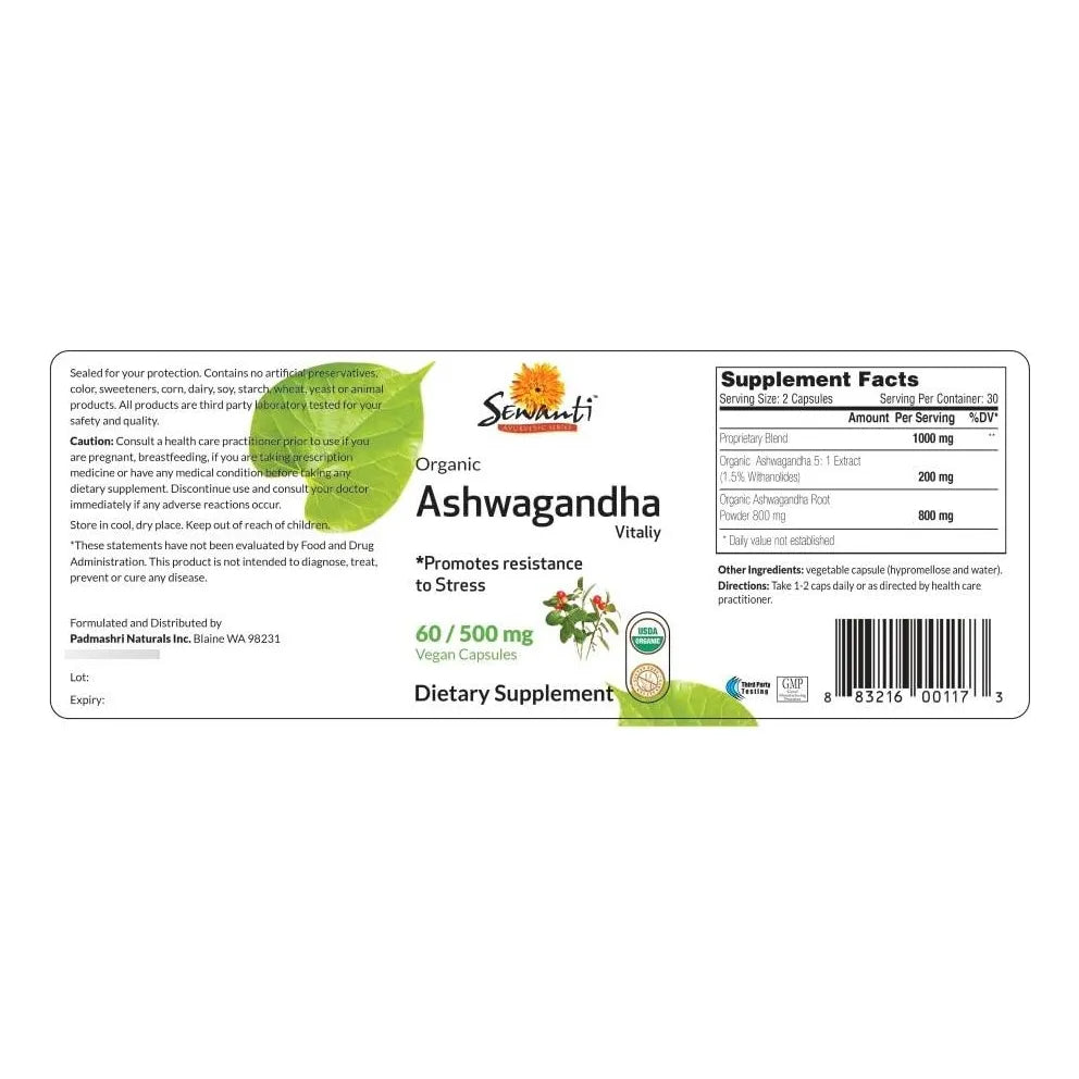 Capsulas Organicas De Ashwagandha 500 Mg Alivio Natural Del Estrés Y Energía Vegano Sin Gluten