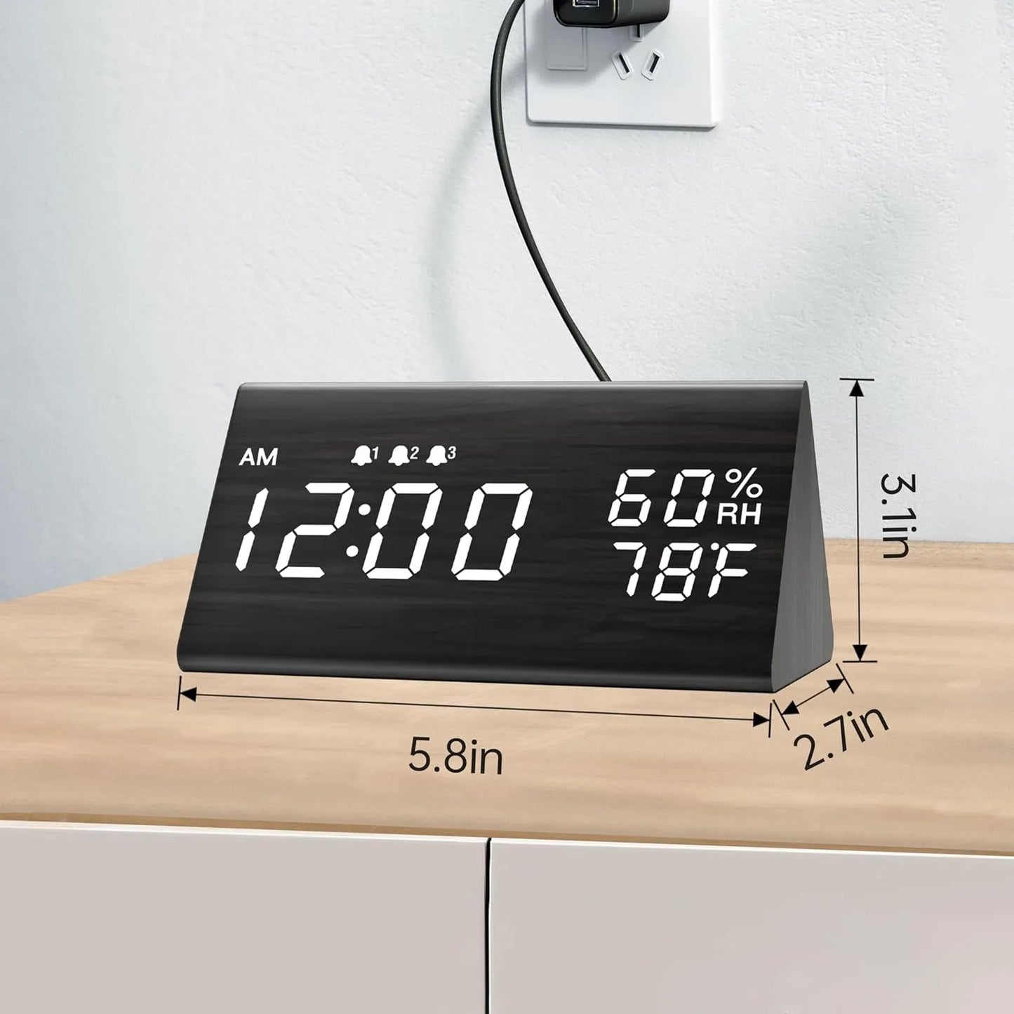 Reloj Despertador Digital Con Pantalla Led Madera 3 Alarmas Temperatura Humedad