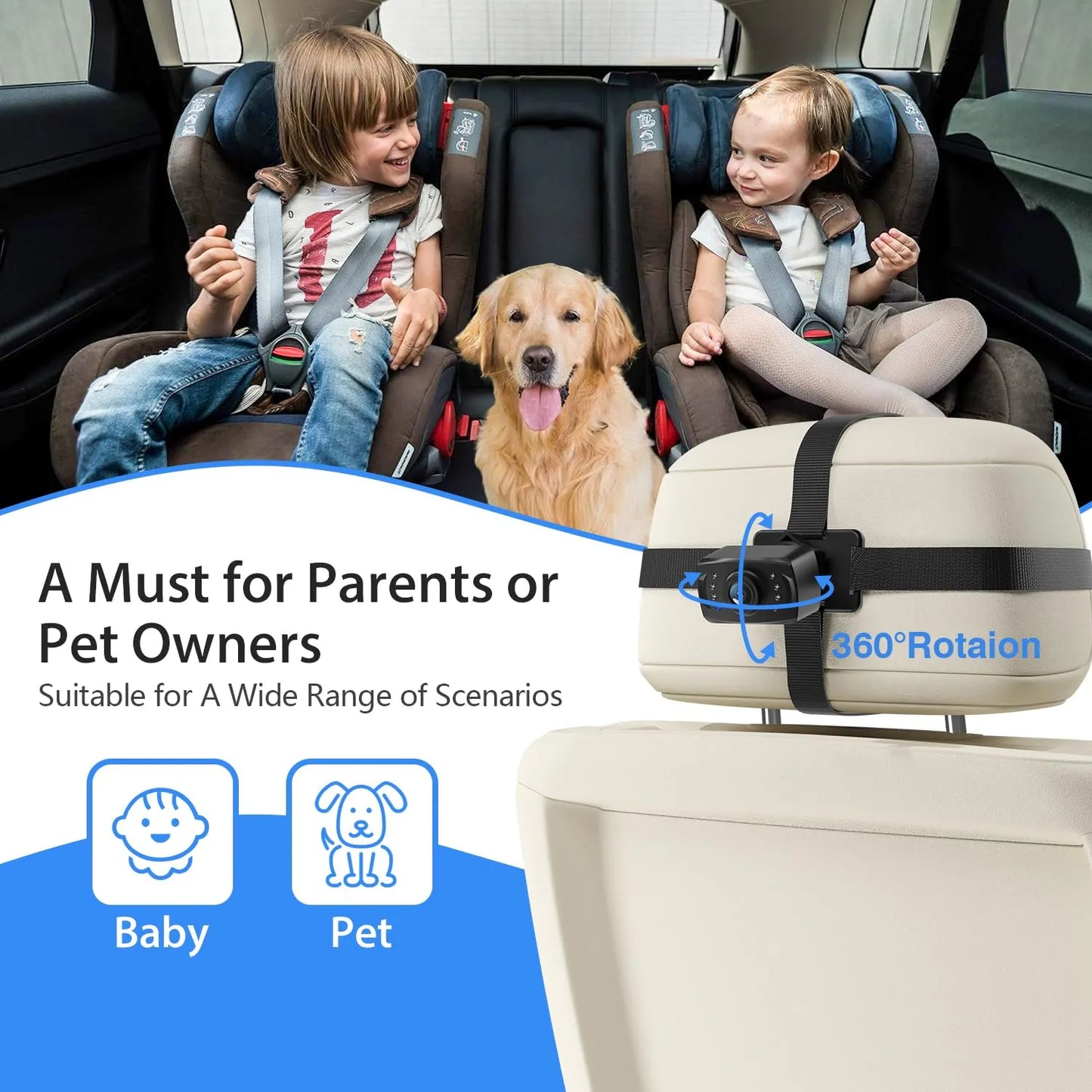 Camara De Coche Para Bebe 7 Pulgadas Dual Vision Nocturna Pantalla IPS 1080P