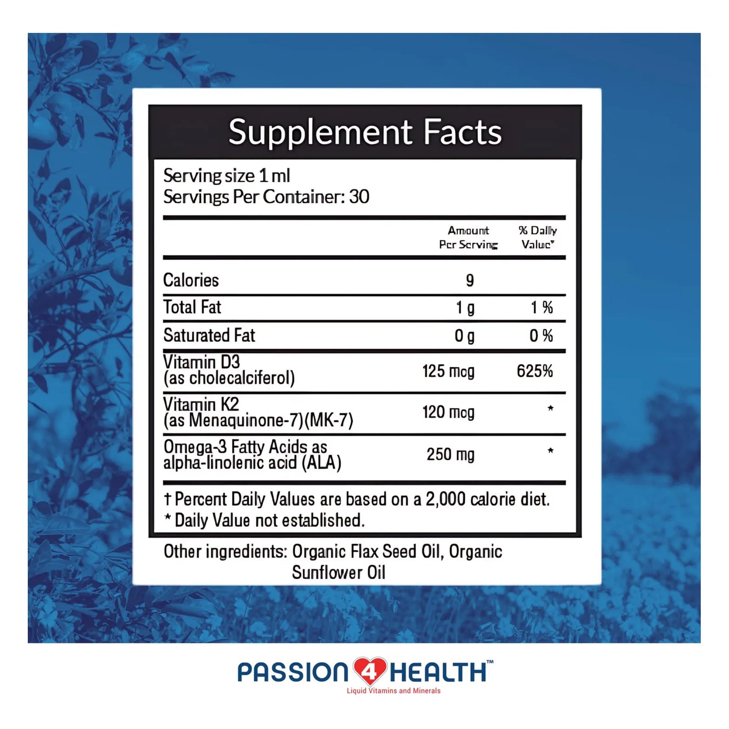 Vitamina Líquida Orgánica D3 5000IU + K2 Mk7 + Omega 3 Passion 4 Health Huesos Fuertes Y Músculos Saludables