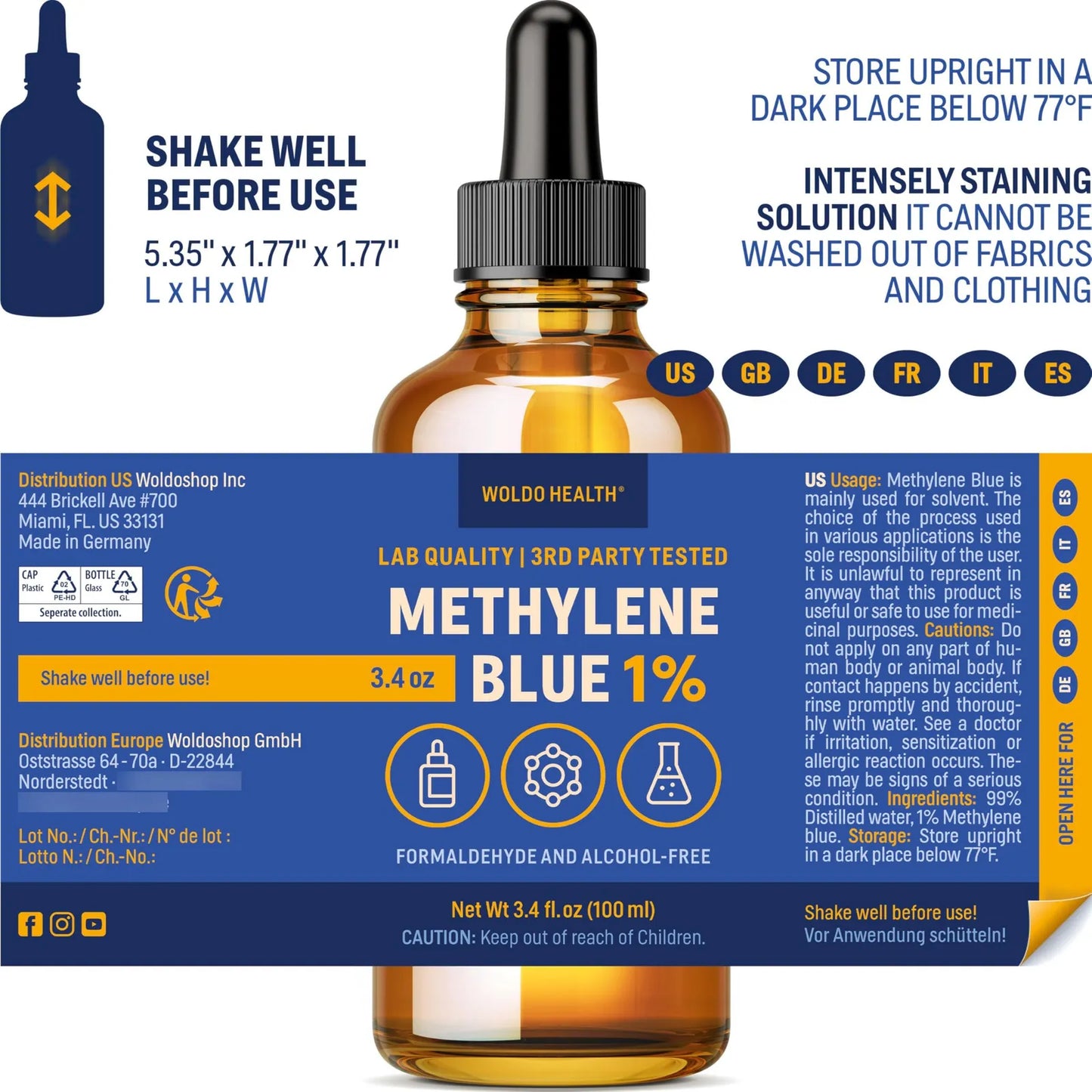 Tinta Azul Metileno Grado Farmacéutico 100 Ml Botella Vidrio Ambar Cuentagotas