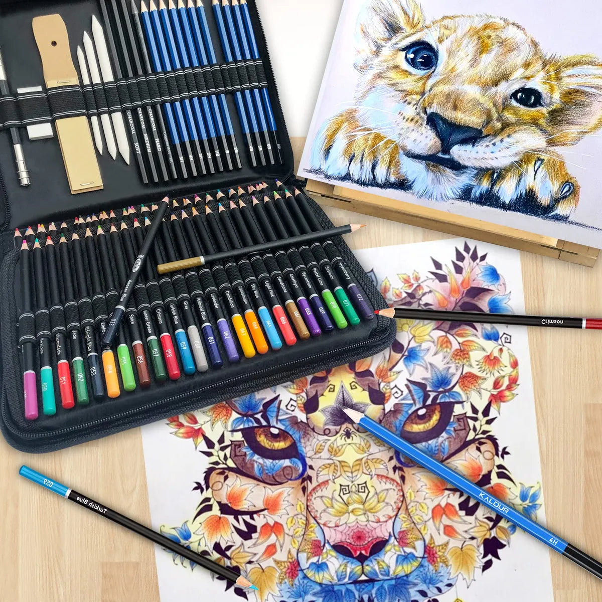 Kit De Dibujo Profesional Kalour 96 Piezas Lápices Colores Y Accesorios