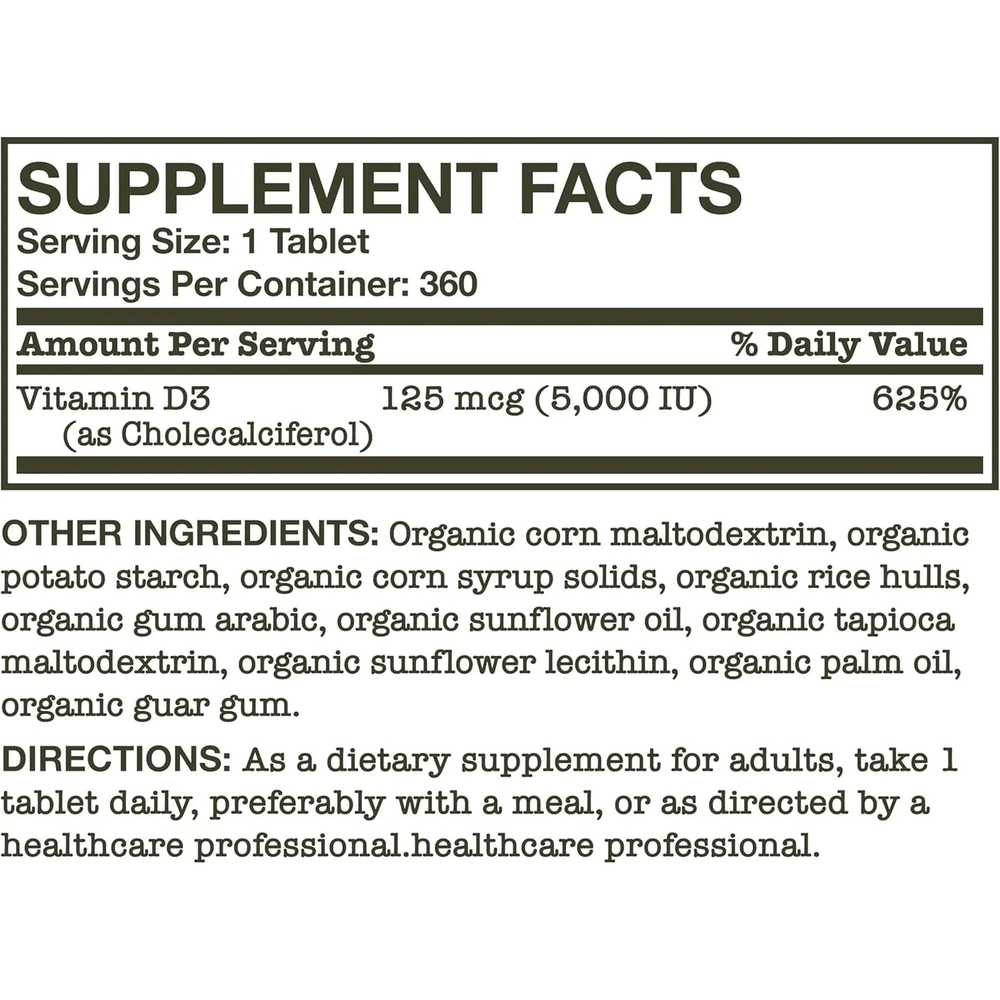 Vitamina D3 5000 Ui 125 Mcg Futurebiotics Suplemento Organico Usda 360 Tabletas