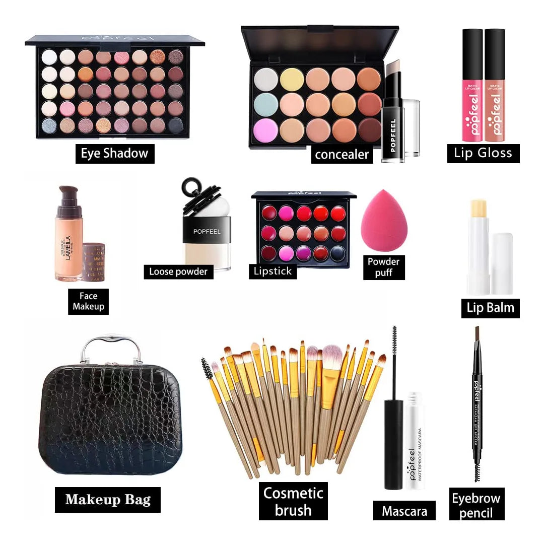Kit De Maquillaje Completo Con Brochas Sombras Y Brillo Labial Todo En Uno