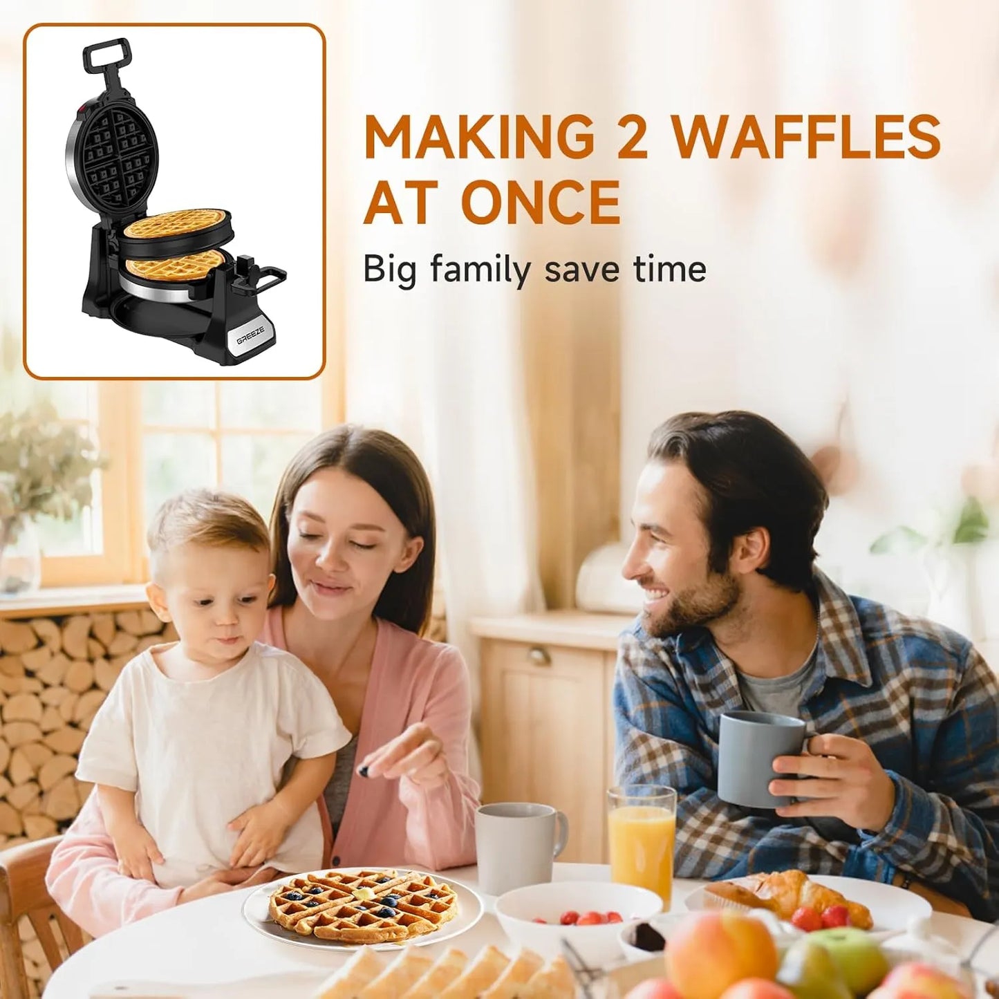 Waflera Belga Doble 180Flip 1400W 8 Rebanadas Acero Inoxidable Antiadherente