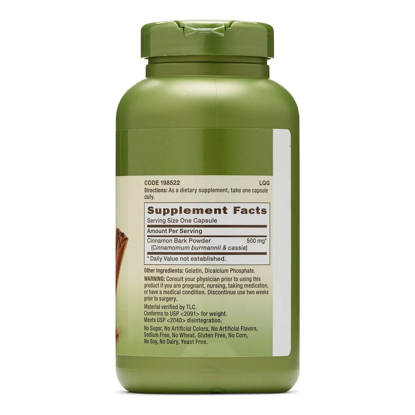 Corteza De Canela 500 Mg 200 Cápsulas Hierba Ayurvédica Tradicional GNC