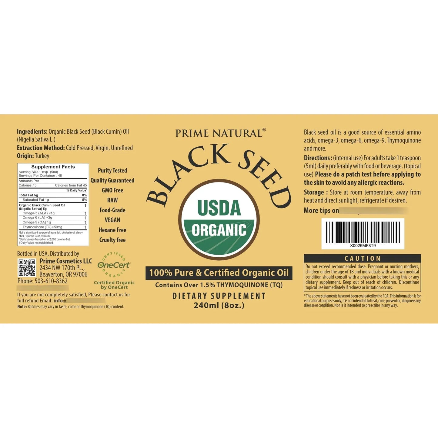 Aceite De Semilla Negra Orgánico 237ml Alto En Timo Prensado En Frío USDA