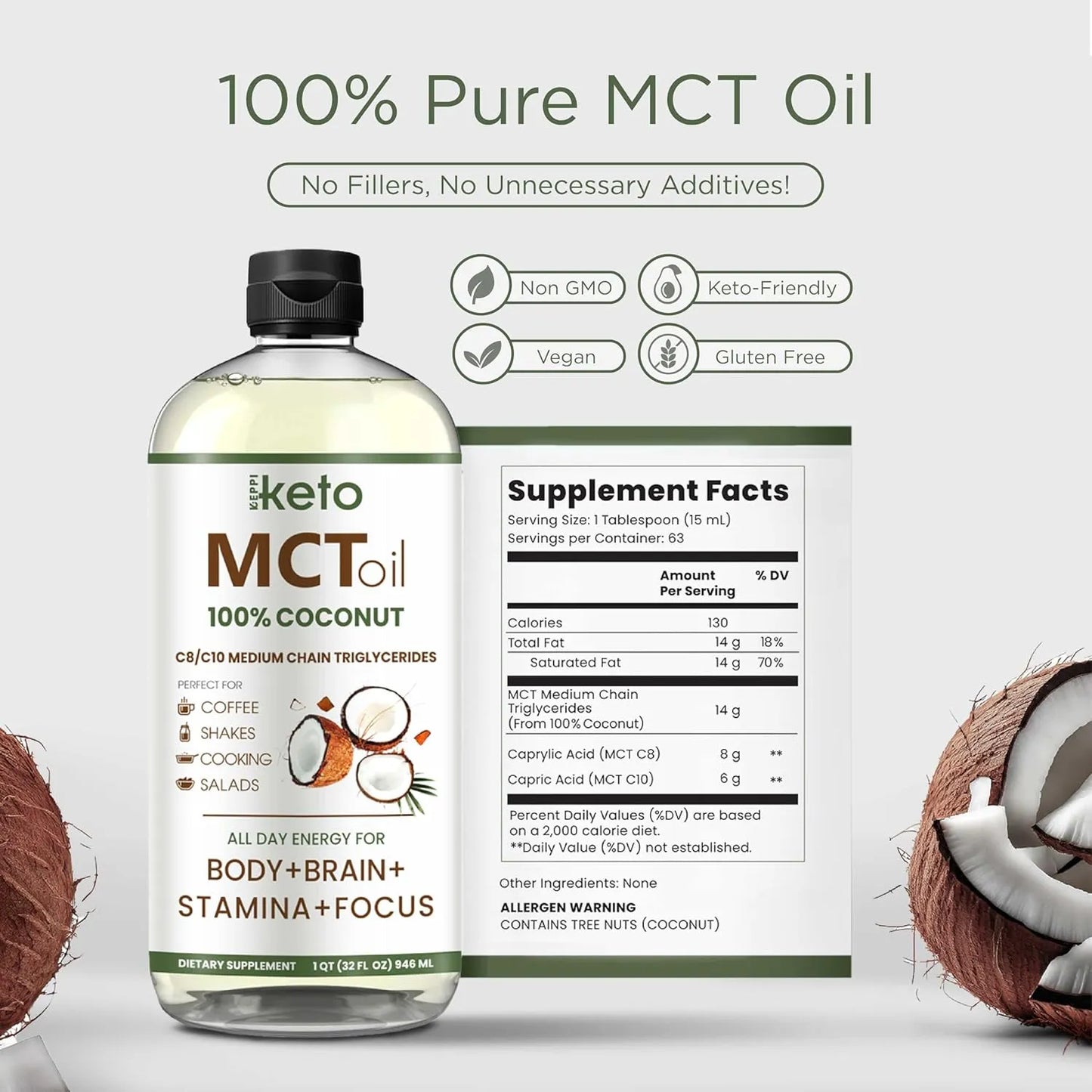Aceite MCT Keppi Keto Sin Sabor 32 Oz Cetosis Energia Instantanea
