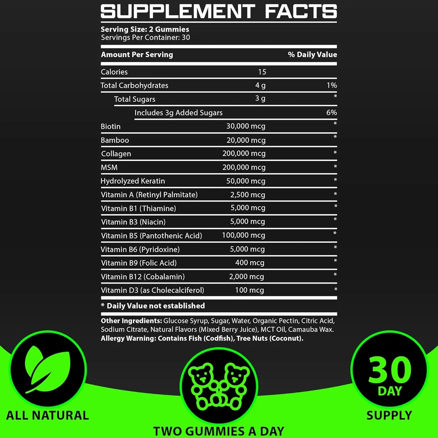 Vitaminas Para Barba Y Cabello Hombres Máxima Fuerza 620000 Mcg Biotina Colágeno MSM Queratina