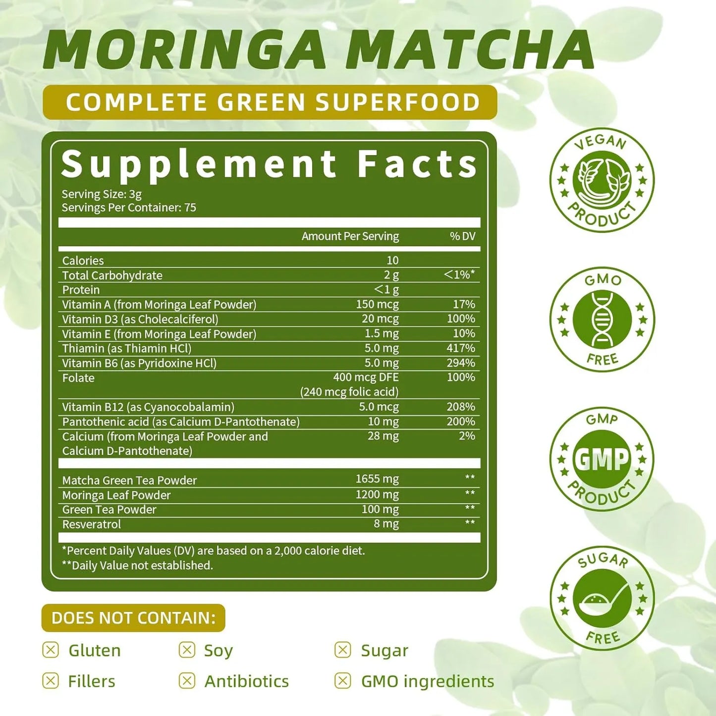 Moringa En Polvo Con Matcha Té Verde Y Resveratrol Superalimento 4 En 1 Para Energía Y Antioxidantes