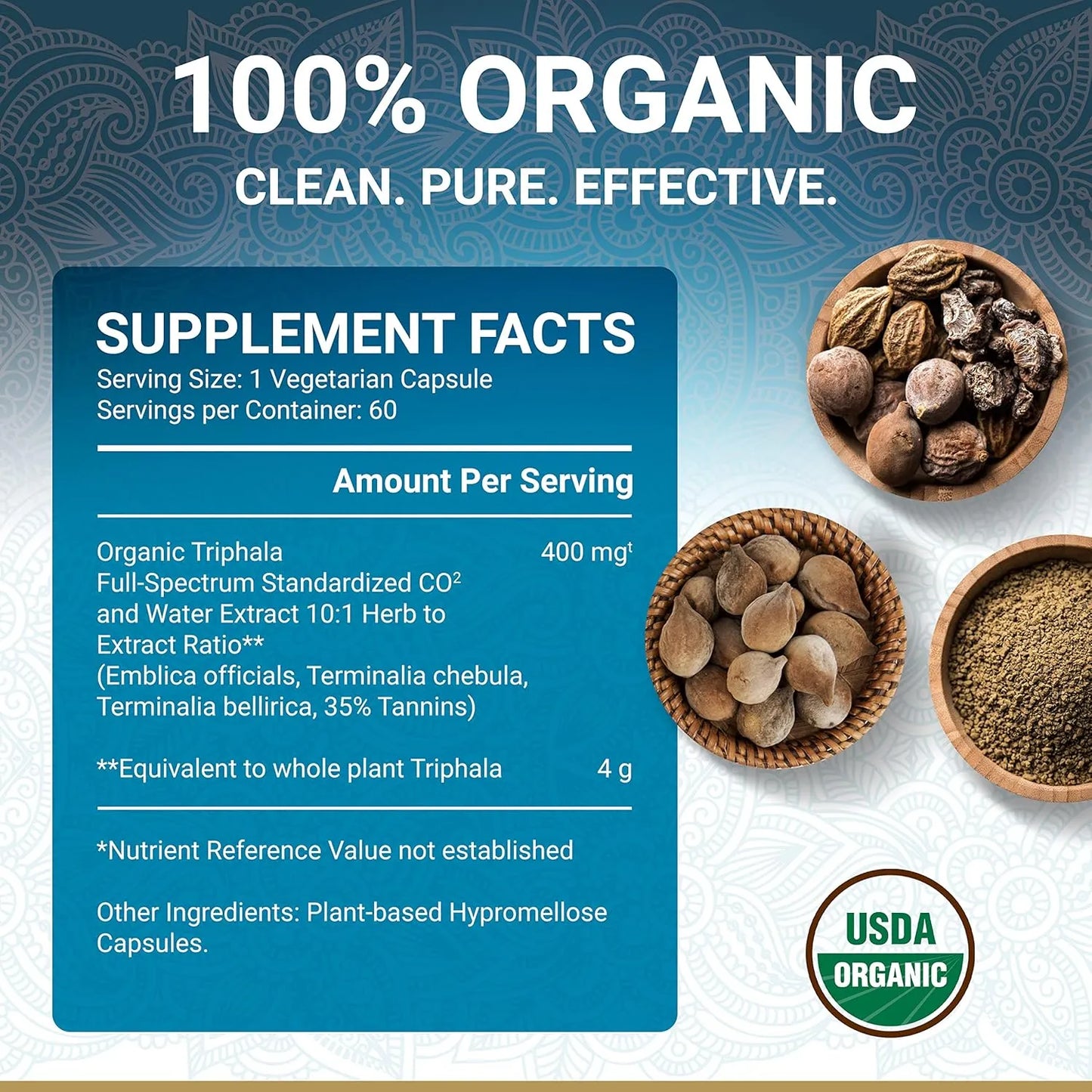 Cápsulas Triphala Orgánico Certificado USDA Digestión Saludable Vegano 60 Unidades
