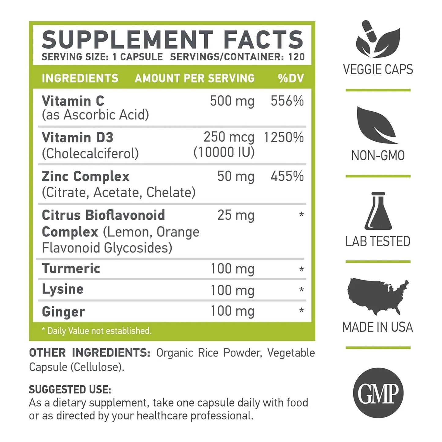 Vitamina C 500mg Con D3 Zinc Curcuma Jengibre Lisina Capsulas Vegetales 120 Unidades