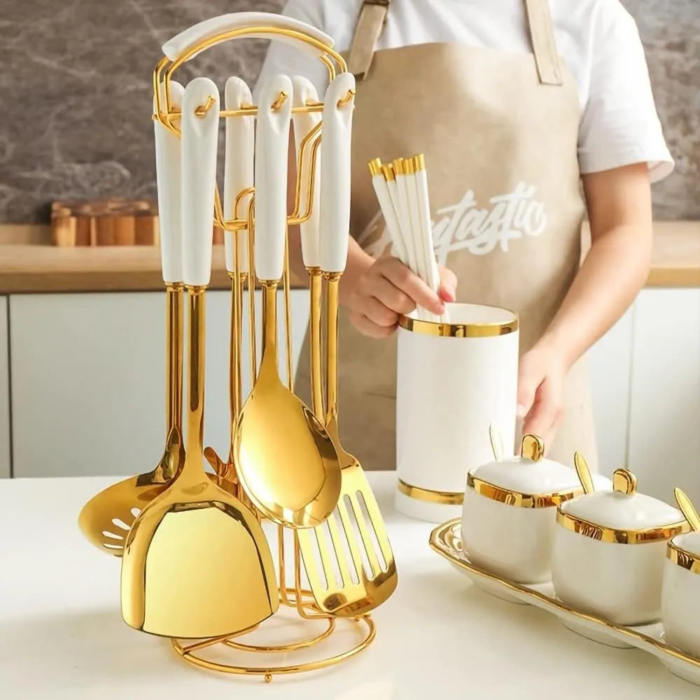 Juego De Utensilios De Cocina Aquax Acero Inoxidable 7 Piezas Con Estante