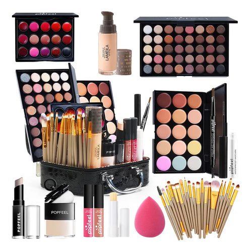 Kit De Maquillaje Completo Con Brochas Sombras Y Brillo Labial Todo En Uno