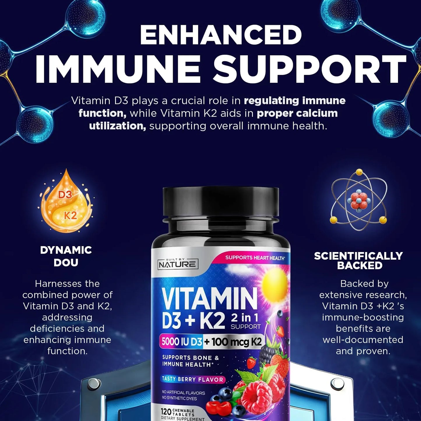 Vitamina D3 K2 Masticable 5000 Ui Y 100 Mcg Mk7 Sabor Bayas 120 Tabletas