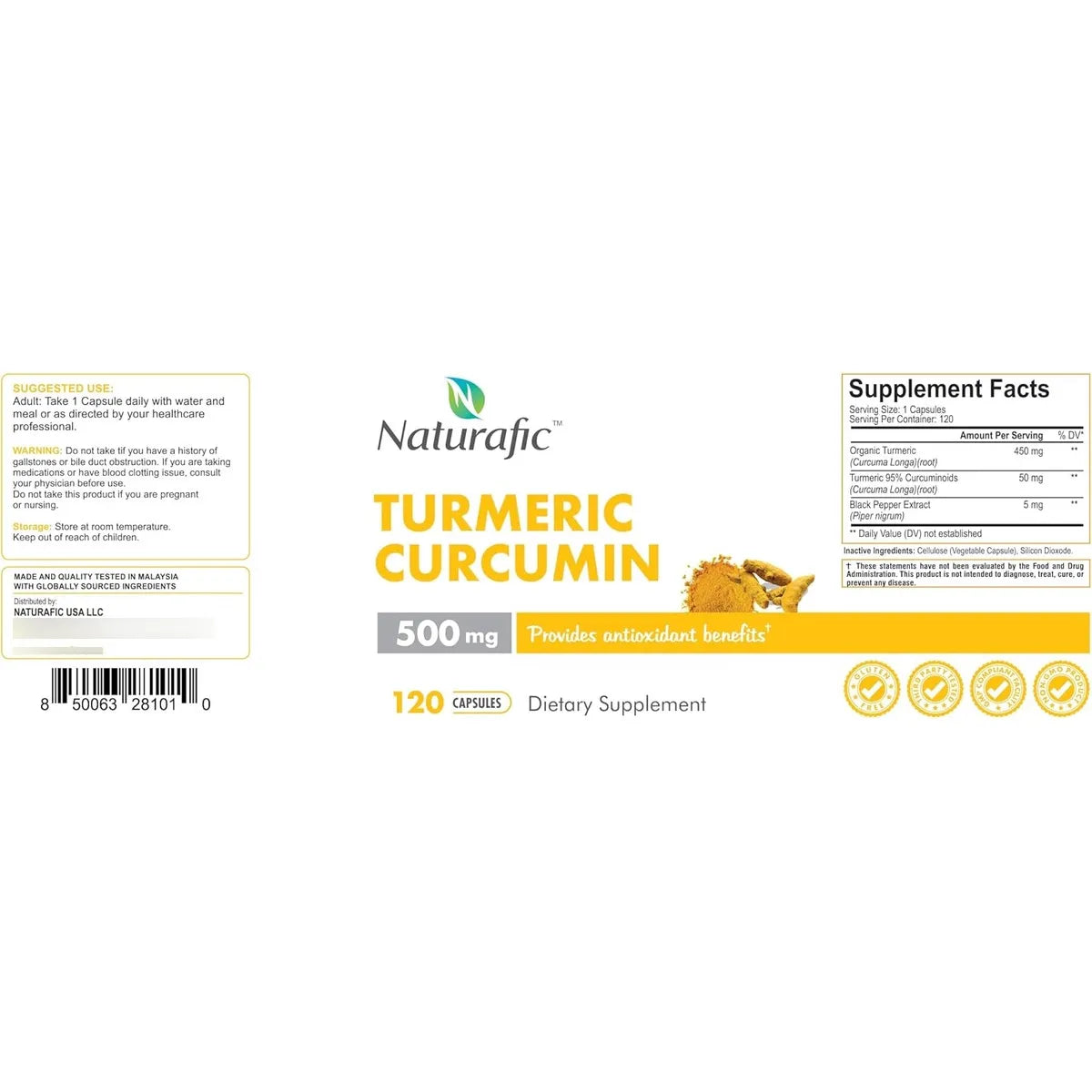 Capsulas Curcumina Cúrcuma Pimienta Negra 500 Mg Antioxidante Absorcion Mejorada