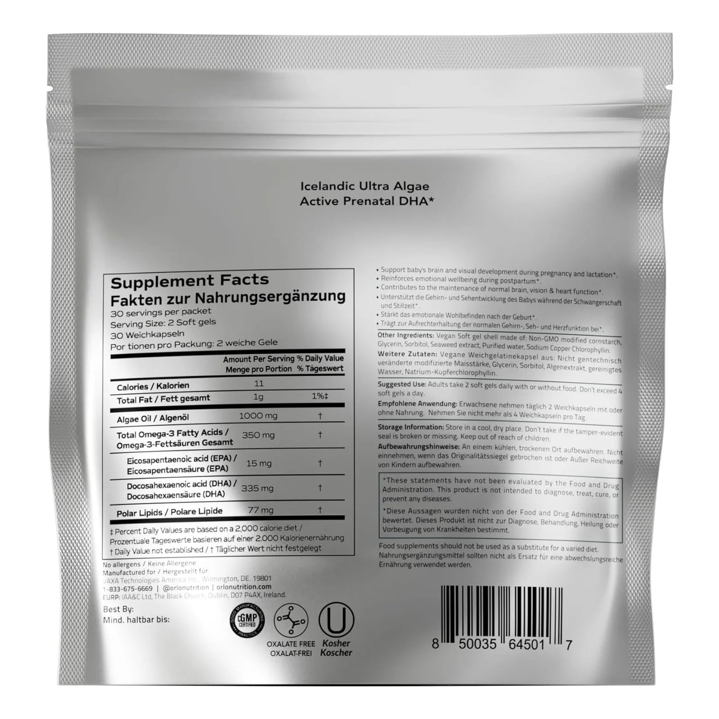 Aceite De Algas Omega 3 Dha Prenatal Orlo 60 Capsulas Mini Vegano