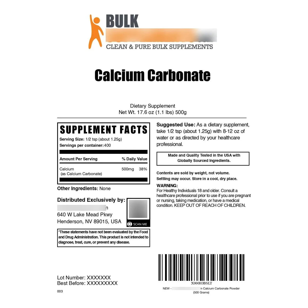 Polvo De Carbonato De Calcio 500g Alta Pureza Para Bienestar Diario