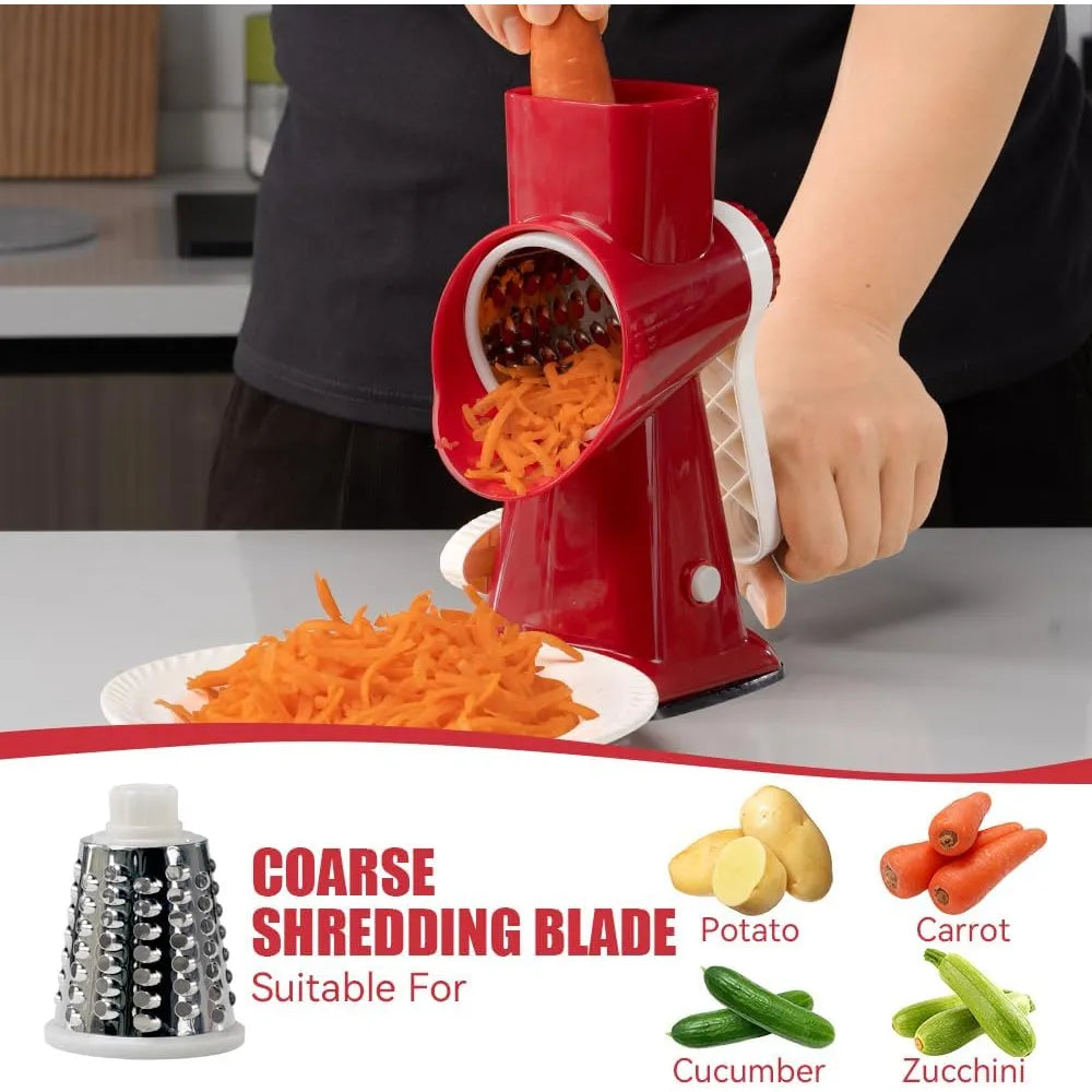 Rallador Rotativo De Queso 3 Cuchillas Intercambiables Rojo Facil Y Rapido