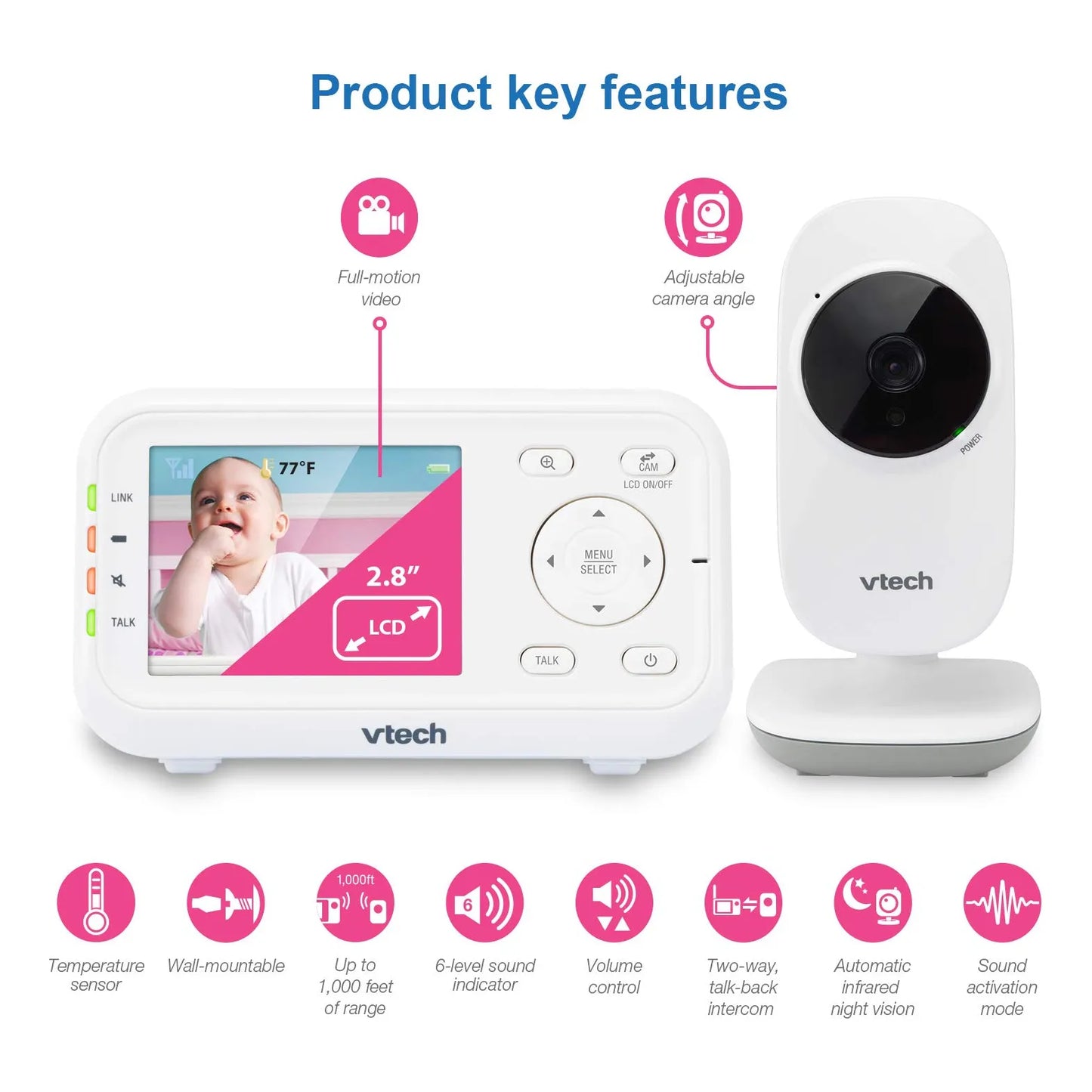 Monitor De Video Vtech Pantalla Lcd 2.8 Vm3252 Largo Alcance Vision Nocturna
