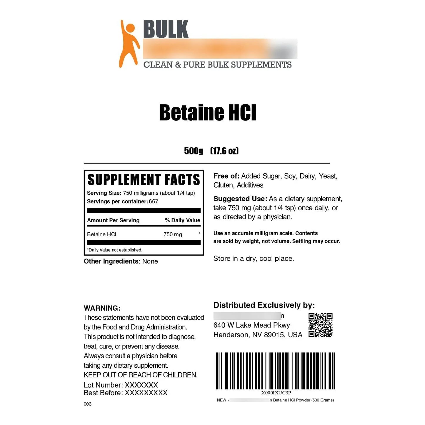 Betaína HCl Polvo 750 Mg 500 G Absorción Nutritiva Intestinal Saludable