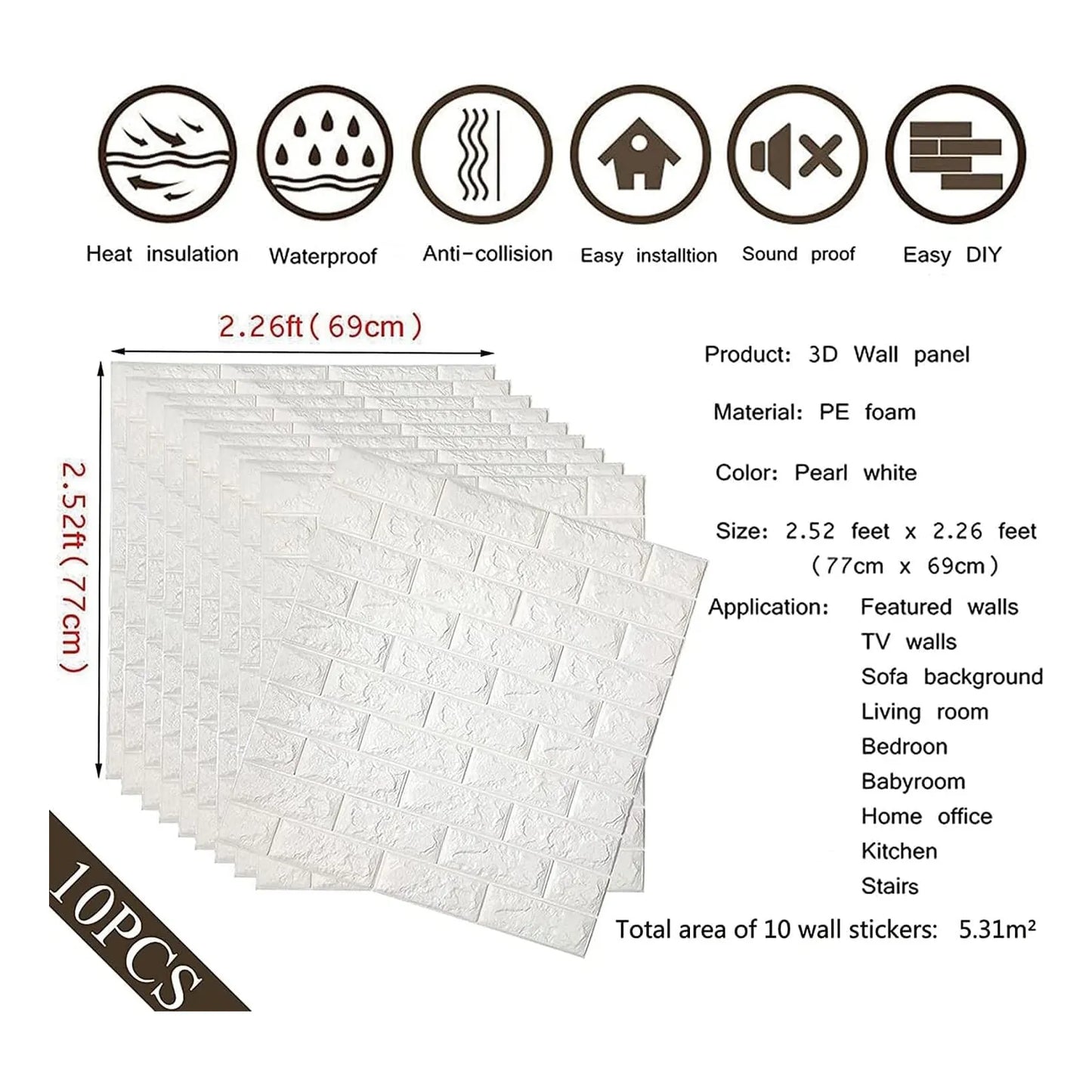 10 Unids Pegatinas Pared Ladrillo 3D Autoadhesivas Extraíbles Impermeable