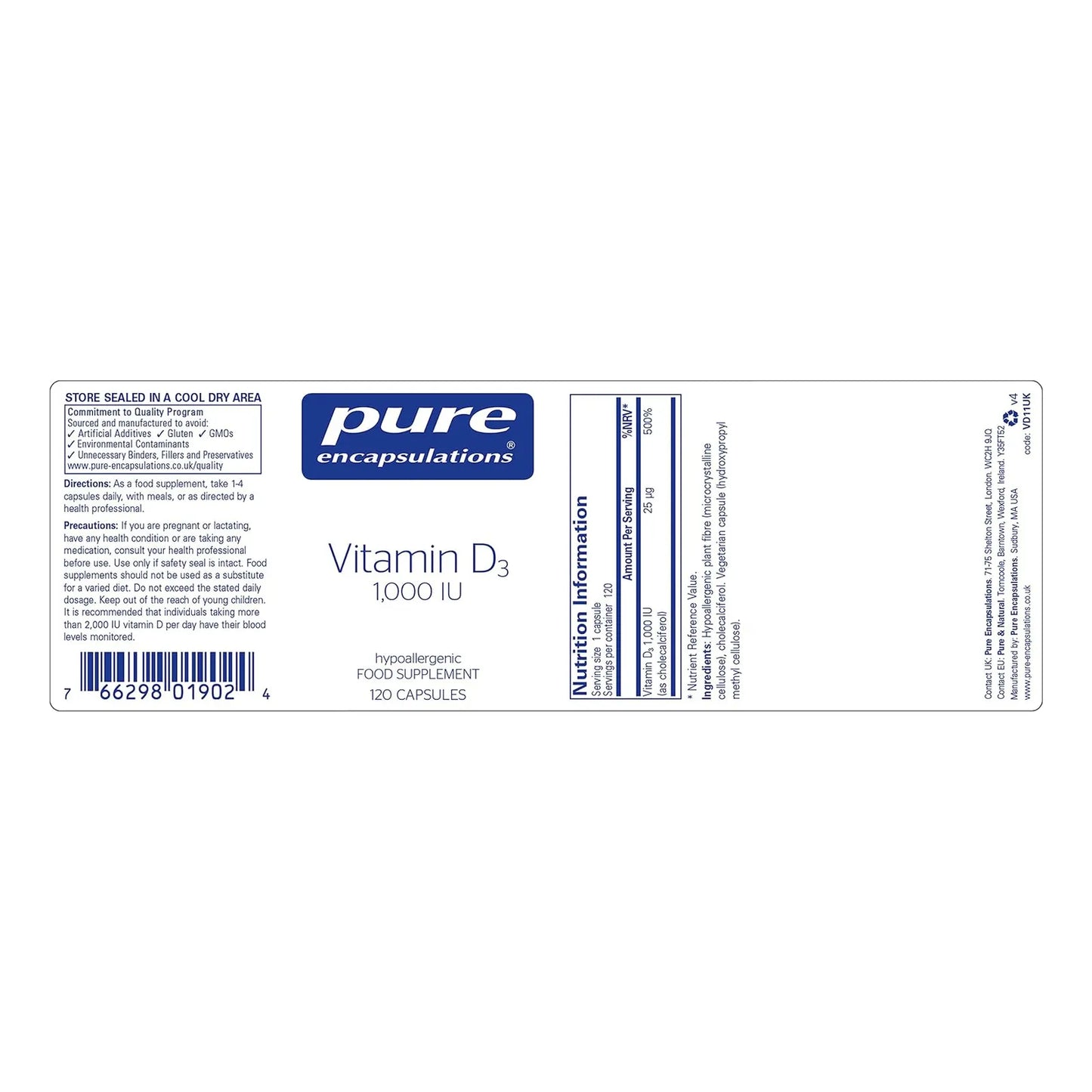 Vitamina D3 1000 IU Pure Encapsulations 120 Capsulas Salud Huesos Corazon Inmune