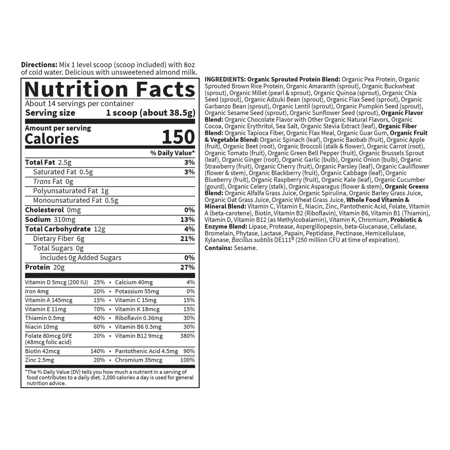 Alimento Crudo Orgánico Chocolate 1 Kg Proteína 33g Fibra Digestión Saludable