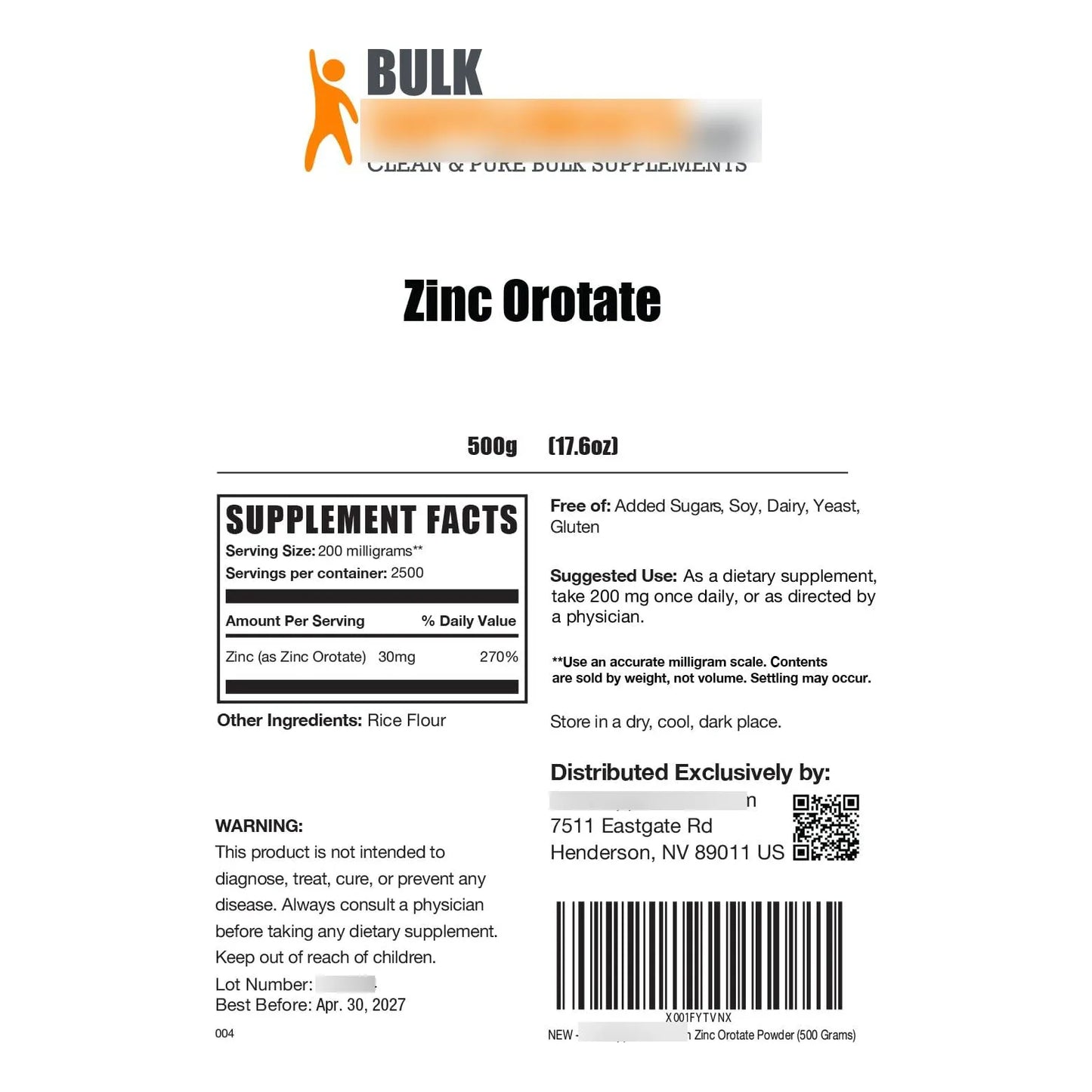 Zinc Orotate Powder Suplemento De Zinc 30mg Apoyo Inmunologico Sin Gluten 200mg Por Porcion