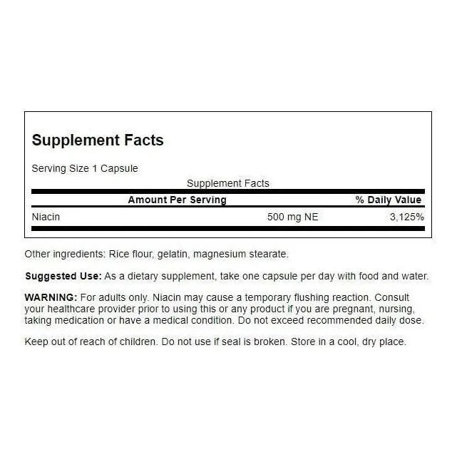 Niacina B3 500mg Swanson Apoyo Cardiovascular Metabolismo Energía 250 Cápsulas