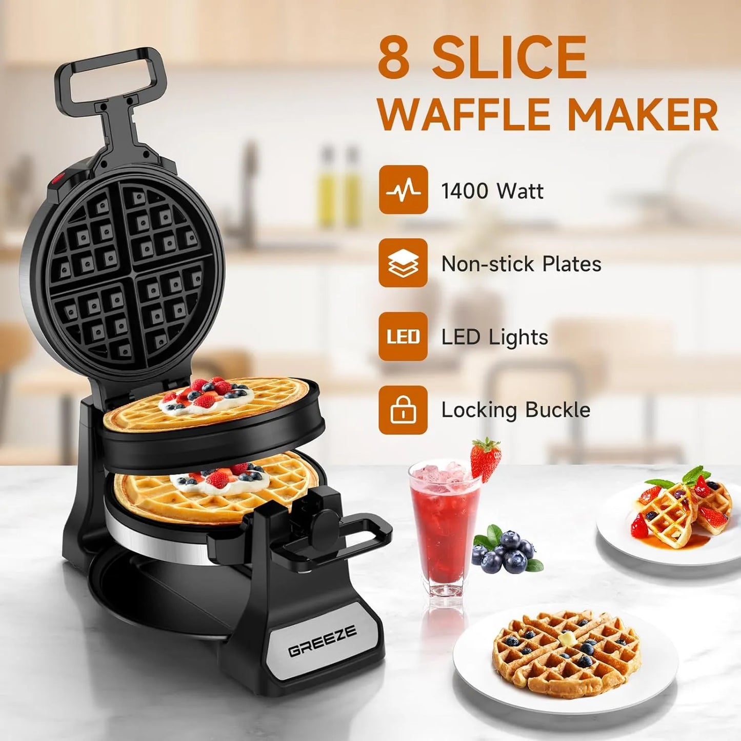 Waflera Belga Doble 180Flip 1400W 8 Rebanadas Acero Inoxidable Antiadherente
